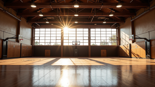 学校体育馆内部，多个篮球架整齐排列，学生正在进行体育活动